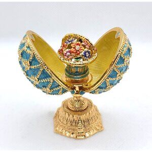 AKM Faberge Egg Green Enamel Goldtone Pedestal Base Opens To Basket Of Flowers